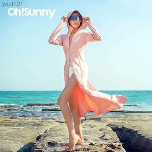 Vestidos Casuais Básicos OhSunny Moda Feminina Verão Anti-UV Roupas Protetor Solar Proteção Solar Resfriamento Casaco Longo Capa Facial Com Capuz Bolsos Com Zíper Praia yq240402