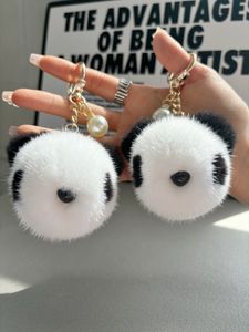 Cute Real Genuine Mink Fur Panda Bear Bag Charm Keychain Purse Car Phone Pendant Kids Toys