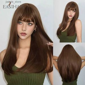 Synthetic Wigs EASIHAIR Long Straight Chestnut Brown Synthetic Wigs with Bangs Natural Layered Brown Women Wig for Daily Cosplay Heat Resistant Y240401