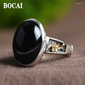 Cluster Rings BOCAI Real Pure S925 Silver Jewelry Retro Fashion Hammered Design Inlaid AgateTrendy Women's Ring