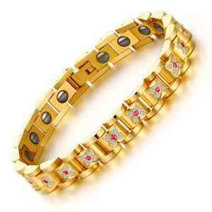 Armband Titanium Steel Plated Gold Micro Zirconia Ladies Energy Armband Magnet Antifatigue viktminskning Hälsa armband