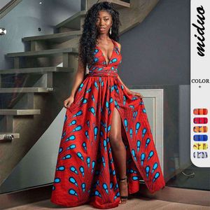 Feather Print Lace Up Multi Wear Dress, Ethnic Style Women's Sexy Slit Long Kjol