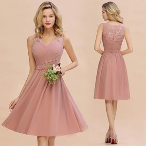 Babyonlinedress bonito empoeirado rosa renda mini vestido de cocktail elegante plissado decote em v curto vestidos de festa à noite vestidos coctel robe d7078724
