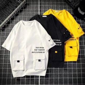 Tamanho da ue carga masculina camiseta manga curta bolso harajuku streetwear solto impressão carta t moda alta rua topos masculino 240313