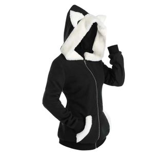 Kadın Hoodies Sweatshirts 2023 Kadınlar Sonbahar ve Kış Yeni Sevimli Kedi Kulak Renk Engelleme Peluş Hoodies Sıradan Moda Zapped Sweatshirt Ceket Cepleri 240401