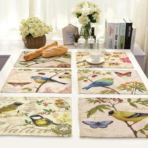 Table Mats Cartoon Bird Pattern Cotton Linen Placemat Heat Insulation Coffee Tea Mat Kitchen Bowls Napkins Dining