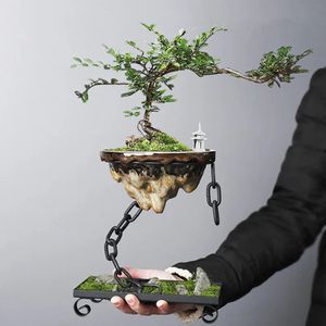 Succulent Planter Pot Simulation Rockery Iron Bonsai Planter Chain Suspension Hanging Type Flowerpot Circle/Square Base Decor 240320