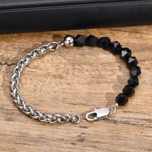 Chain Vnox Men Chain Bracelets Never Fade Woven Stainless Steel Wheat Speego Links Bangle Black Multilaterals Beads Beaded Wristband Q240401