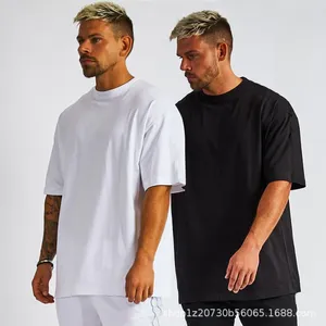 Camiseta masculina pesada todo o algodão oversized camiseta marca na moda puro ombro solto manga curta