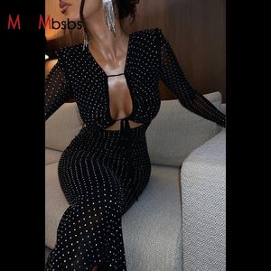 Sexy Cut Out Mesh Long Sleeve Bodycon Maxi Dress Women Glitter Lace Up Party Vestido Spring Fall Elegant Birthday Clothes 240401