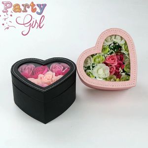 Present Wrap 1st Black Heart-Shaped Leather Flower Box PVC Transparent Cover Pink Rose Boxs Lipstick Storage