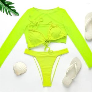 Kadın Mayo 3 Parça Mayo Kadınlar 2024 Neon Sarı Brezilyalı Yukarı yastıklı bikini set kadın seksi uzun kollu dantel banyolar tanga