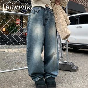女子ジーンズBiikpiik Basic Pockets loose women Streetwearファッションパンツカジュアルオールマッチズボン