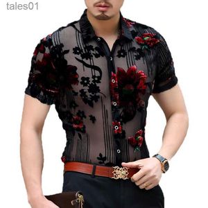 الرجال زائد Tees Polos Mens Floral Shirt Summer See من خلال ملابس الذكور مثيرة الشفافة الشفافية الأكمام قصيرة الأكمام القمصان اللباس yq240401