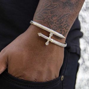 Chain 2024 High Quality Iced Out Gold Silver Color Paved 5A Cubic Zirconia Cz Stone Sword Bracelets For Men Adjustable Bangle Jewelry Q240401