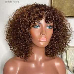 Perucas sintéticas curtas bob curly humano perucas com franja pixie corte ombre wig loira para mulheres Máquina completa feita de cabelo marrom marrom bob wig y240401