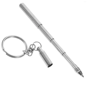 Retractable Pen Shape Keychain Mini Metal Key Ring Portable Stainless Steel Ballpoint Tools