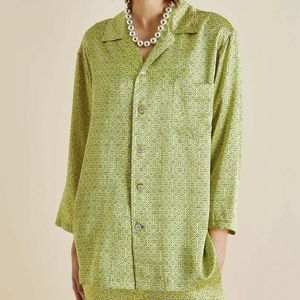 Kadın Bluzları 2024 Erken Sonbahar Kadınlar Retro Geometrik Desen Baskı Ağır Kum Yemeli Düz Krep Satin İpek Gömlek