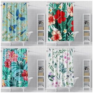 Cortinas de chuveiro com folhas tropicais, estampa de flores, cortina de banheiro à prova d'água, tecido de poliéster, folhas, decoração de banho com ganchos