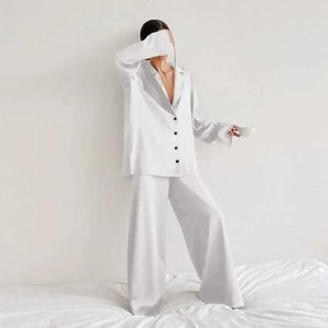 1U5T Sexy Pyjamas New Oversized Satin Silk Sleepwear Low Cut Sexy Pajamas for Women Single-Breasted Long Sleeves Wide Leg Pants Trouser Night Suit 2404101