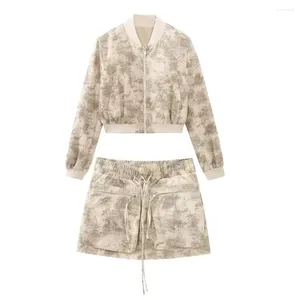 Women's Hoodies 2024 Summer Printed Short Pilot Jacket Coat And Shorts Set 2010723