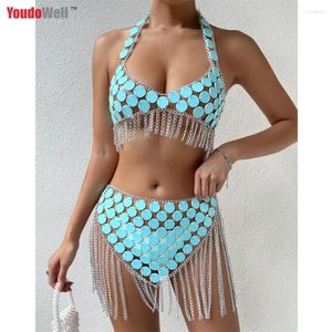 Kadın Tankları Kadın 2024 Vestidos Seksi Metal Sequin Yaz Sırtsız Gece Kulübü Plaj Partisi Elbiseler Glitter Bodycon Mini Etek