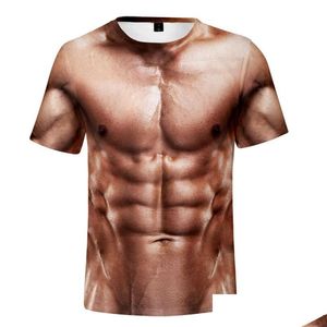 メンズTシャツ夏の男性偽の筋肉3DプリントストロングペクターレールパターンTシャツ女性腹部ジムTシャツストリートウェアトップスメンズドロDH7YG