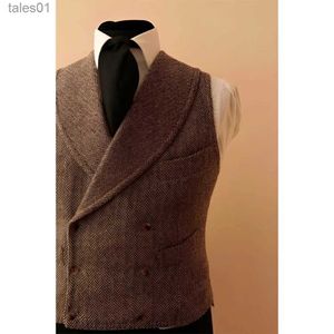 Men's Vests Shl Lapel Mens Leather Vest Male Dress Casual Herringbone Tweed Double Breasted Sleeveless Jacket for Men Up yq240401