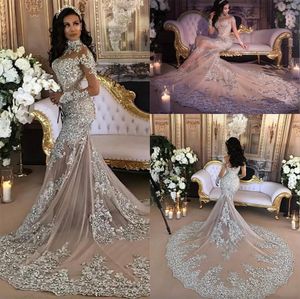 Luxury Sparkly 2024 Mermaid Wedding Dress Sexy Sheer Bling Beads Lace Applique High Neck Illusion Long Sleeve Champagne Trumpet Bridal Gowns