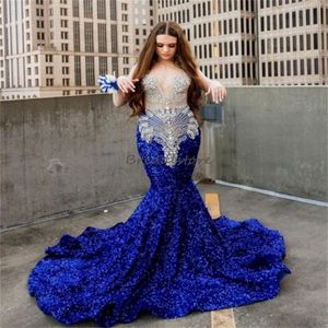 Luxurious Blue Sequin Evening Dresses 2024 Rhinestone Crystal Mermaid Prom Dress For Black Girls Plus Size Formal Occasion Dress Pageant Vestidos De Noche 2024