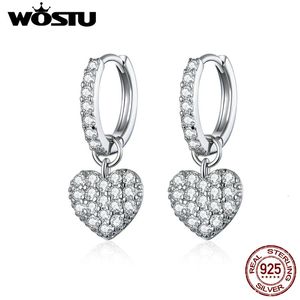 Wostu genuíno 925 prata esterlina único coração brincos para mulheres brilhante zircônia balança amante jóias cqe821 240401