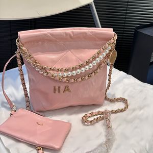 Oil Wax Leather Women Fashion Garbage Bag Pearl Chain Carved Letters Hardware Gold/Silver Coins Charm Glossy Shoulder Cross Handbag With Zipper Coin Wallet 17x21cm