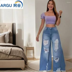 Jeans da donna con fori rotti al ginocchio, tendenza dritta, moda donna, comodi pantaloni casual a vita alta in denim, pantaloni larghi a gamba larga