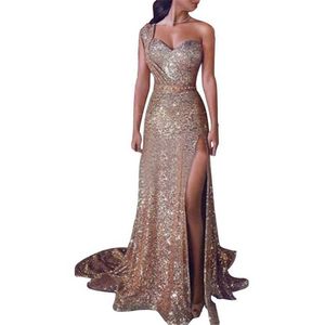 Летнее шейное платье Длинное банкетное стиль сексуальное и высококачественное чувство на одно плечо горячее прижатое золото вечер