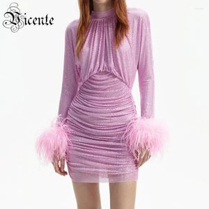 Sukienki swobodne VC Pink Short Sukienka dla kobiet luksusowe diamenty długie rękawy z pierzastymi szczupłami