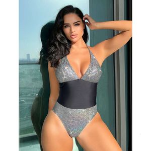 New 2024 High Quality Silver Flash Fabric Integrated Strap Swimwear Sexy Bikini Women