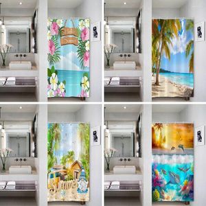 Shower Curtains Summer Tropical Ocean Pattern Curtain Palm Tree Beach Animal Waterproof Bathroom Partitions With Hooks 90x180cm