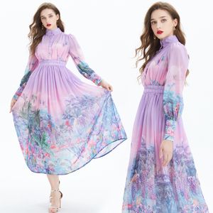 Schöne lange Blumenkleider für Damen, Hemdkragen, Designer-Elegantes, bedrucktes, langärmliges Chiffon-Maxikleid mit Knöpfen, Damen-Laufsteg, lässige Resort-Party-Roben, Kleidung