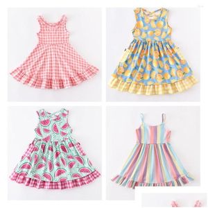 Abiti da ragazza Ragazza Girlymax Estate Bambino Colore Striscia Plaid Limone Anguria Floreale Twirl Abito Boutique Abiti Lunghezza al ginocchio Senza maniche Dhl9L