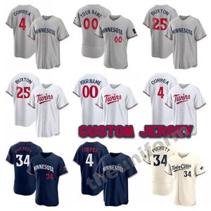 Özel Erkekler Kadın Gençlik Bebek Boyutu S-7XL Minnesota 26 Max Kepler 4 Carlos Correa 25 Byron Buxton 34 Kirby Puckett Beyzbol Forması İkizler Dikişli