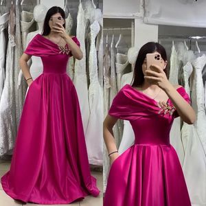 Elegant Rosy Pink Evening Dresses Off Shoulder A Line Party Prom Dress Pleats Long Dress for special occasion