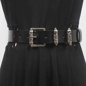 Bälten Fashionabla PU Womens Belt Alloy Carved Roller Hollow Crow Pin Buckle Belt Punk Street Neutral Decorative Belt Q240401