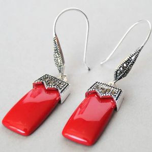 Earrings Jóias Frete grátis Free grátis Vintage Red Coral 925 Brincos de Marcasite Silver 2 