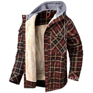 남성 겨울철 격자 무늬 셔츠 코트 후드가있는 양털 재킷하라 주쿠 LG 슬리트로 OSCAE SUAL 셔츠 재킷 유럽 스타일 크기 S-2XL240401