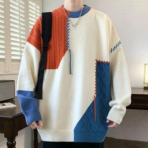 Men's Sweaters Men Sweater Cozy Knitted With Contrast Color Patchwork Warm Crew Neck For Winter Fall Thick Soft Long Sleeve