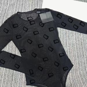 Letter Flocking Women Bodysuits Tops Underwear Sexy See Through Long Sleeve Leotard Blouse Black Luxury Designer Bodysuits Shirts