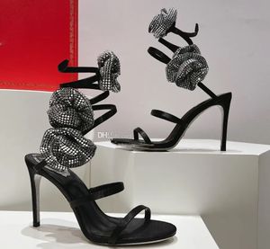 高品質のRene Caovilla Full Diamond Rose Flower Satin Sandals Designerスリムハイヒールスネークラップラインストーン女性靴