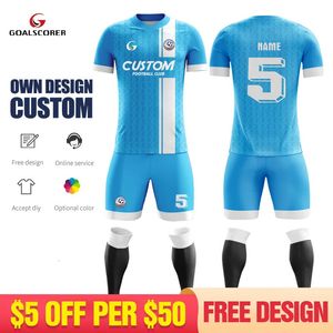 Subliminação personalizado céu azul impressão manga curta masculino uniforme de futebol adultos futebol culb jersey conjunto com bordado w011 240318