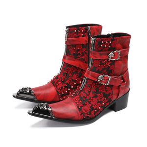 2024 Fashion Red Print Pointed Toe Men Big Size Ankle Boot Bussiness Cow Leather Formal Shoes Male Wedding Celebrate Dress Boots