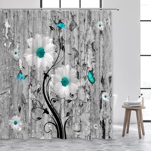 Shower Curtains Floral Daisy Butterfly Flower Retro Gray Shabby Wooden Board Backdrop Polyester Fabric Bathroom Decor Blue White